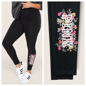 New M VS PINK Black Leggings with Floral PINK Logo